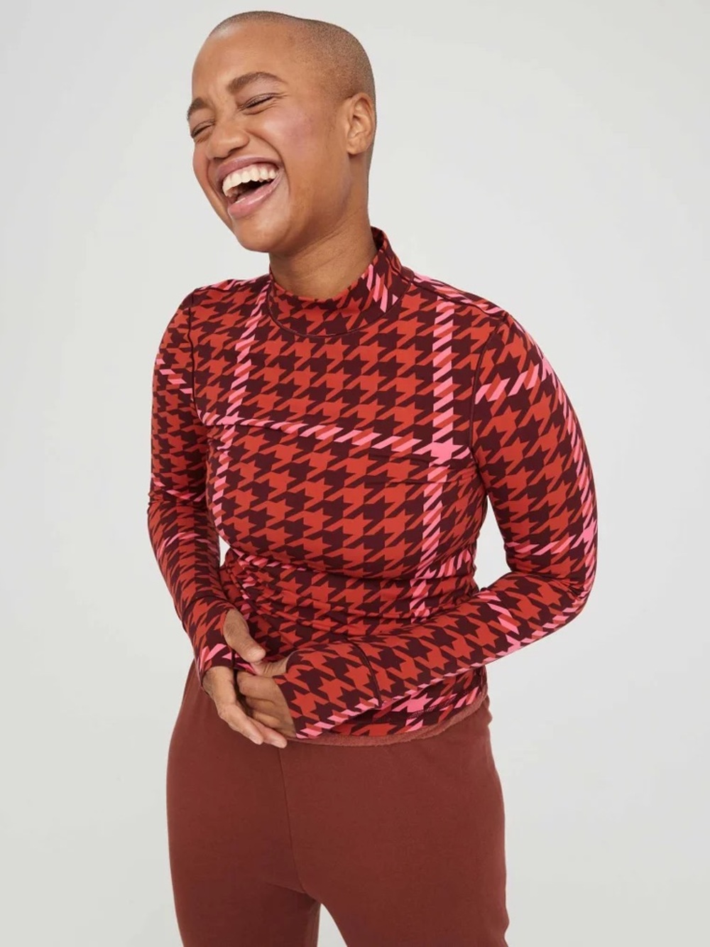 Offline by Aerie Long Sleeve Mock Neck Houndstooth Top